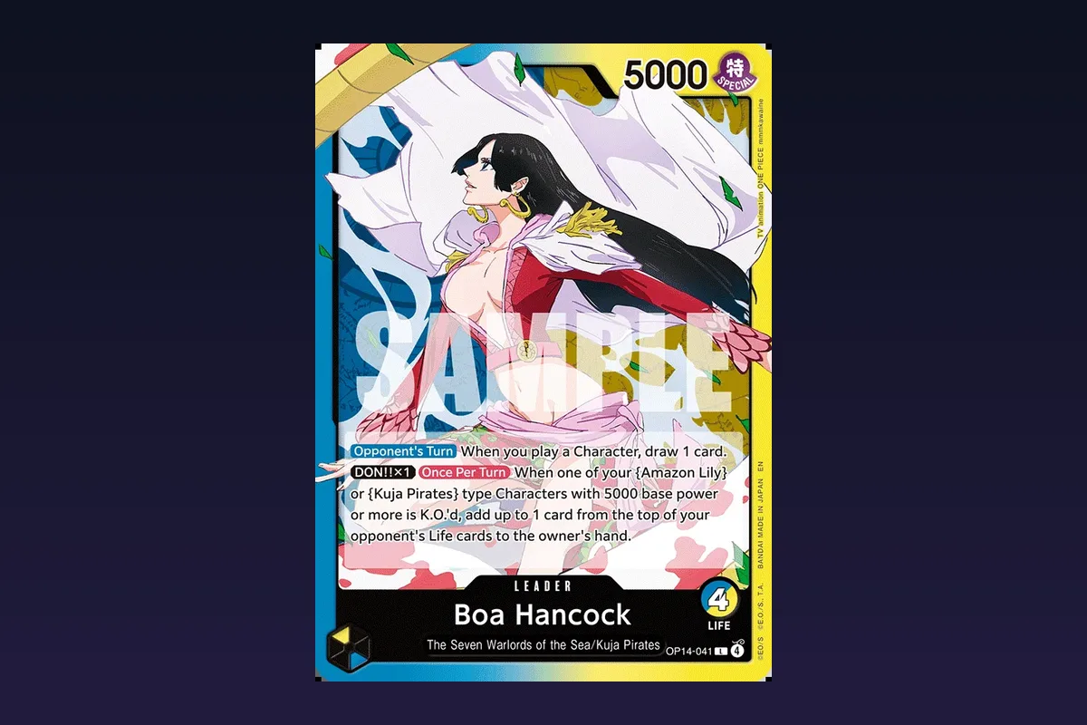 Boa Hancock OP14-041 Blue/Yellow Leader card with the Opponent's Turn draw effect and the DON!! x1 Life-removal effect printed in the text box