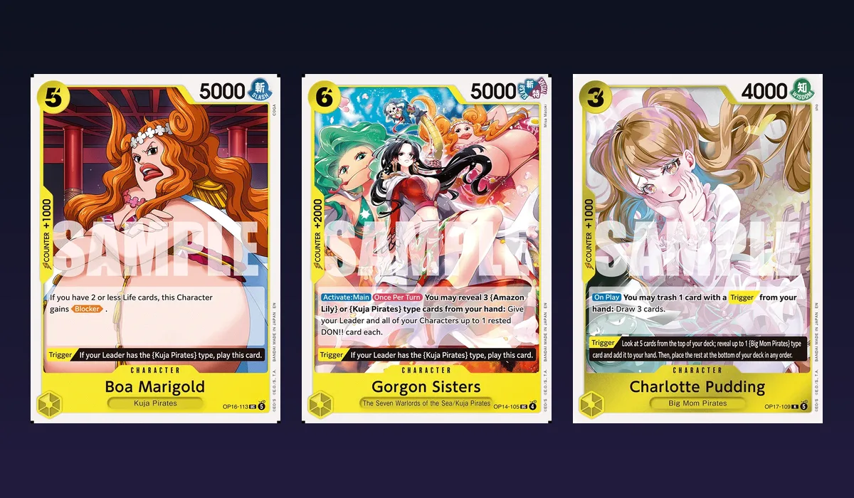 Boa Marigold, Gorgon Sisters and Charlotte Pudding cards side by side, showing the Kuja Pirates play-this-card Triggers and Pudding's trash-a-Trigger draw effect