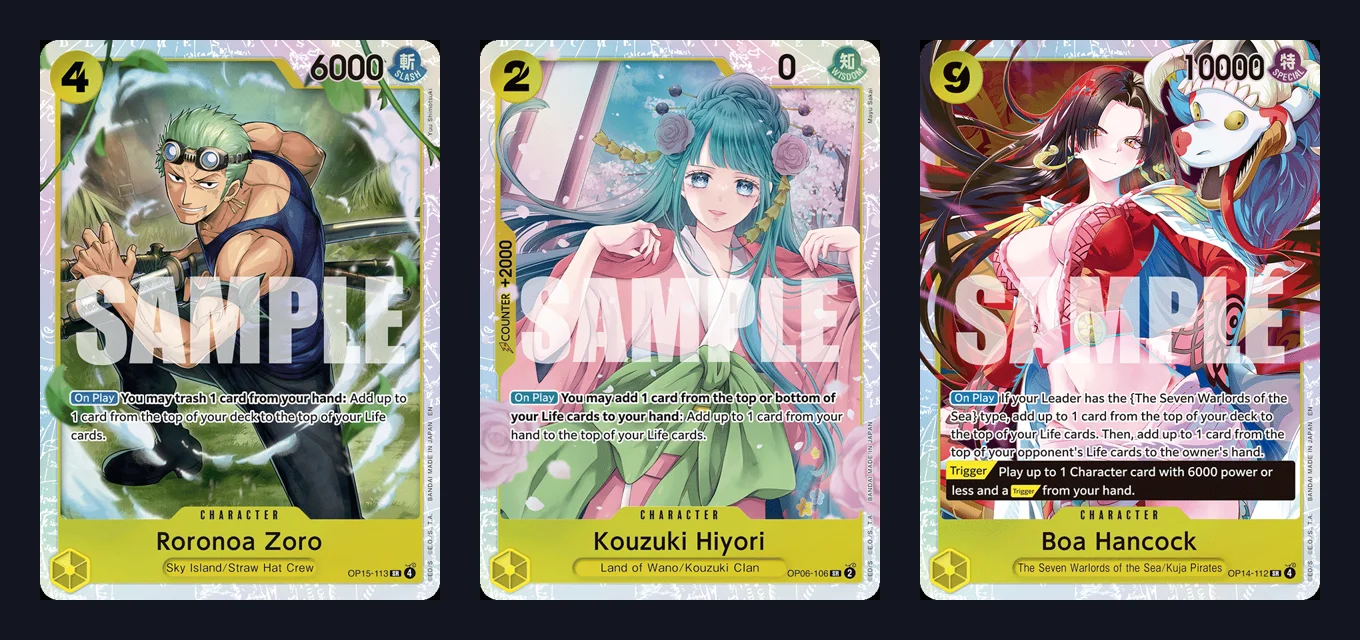 Roronoa Zoro OP15-113, Kouzuki Hiyori OP06-106 and Boa Hancock OP14-112 cards side by side, the three Life-sculpting pieces in the list