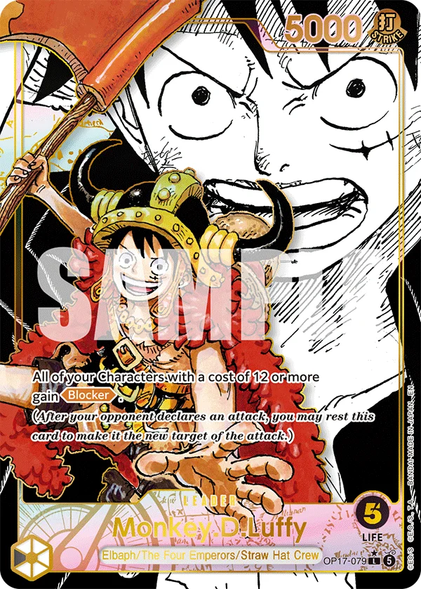 Bandai official card image of the OP17-079 Monkey.D.Luffy Super Leader Alt-Art: a black-and-white manga drawing of Luffy's face behind a colored Luffy in an Elbaf horned helmet, 5000 power, 5 life, with Bandai's SAMPLE overlay
