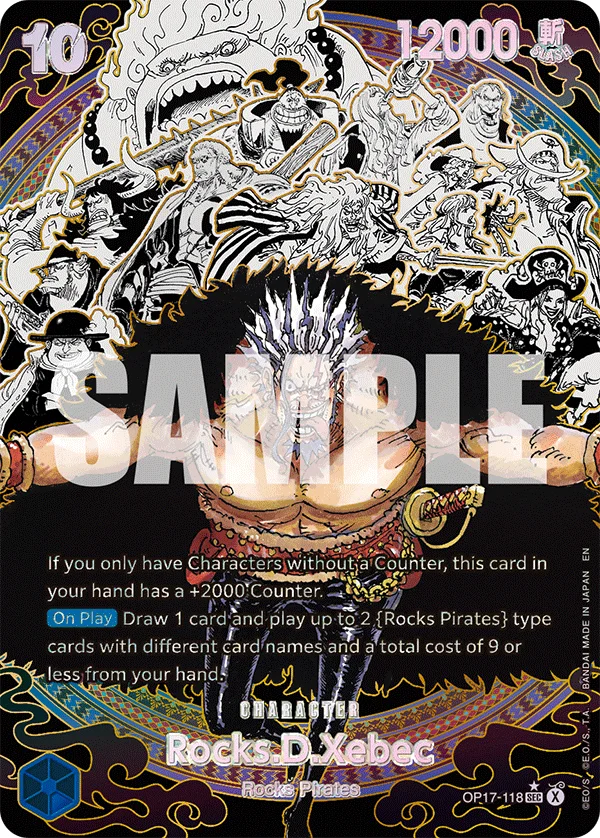 Bandai official card image of OP17-118 Rocks.D.Xebec Super Alt-Art: Xebec with arms spread in front of a crowd of manga-style Rocks Pirates, cost 10, 12000 power, with Bandai's SAMPLE overlay