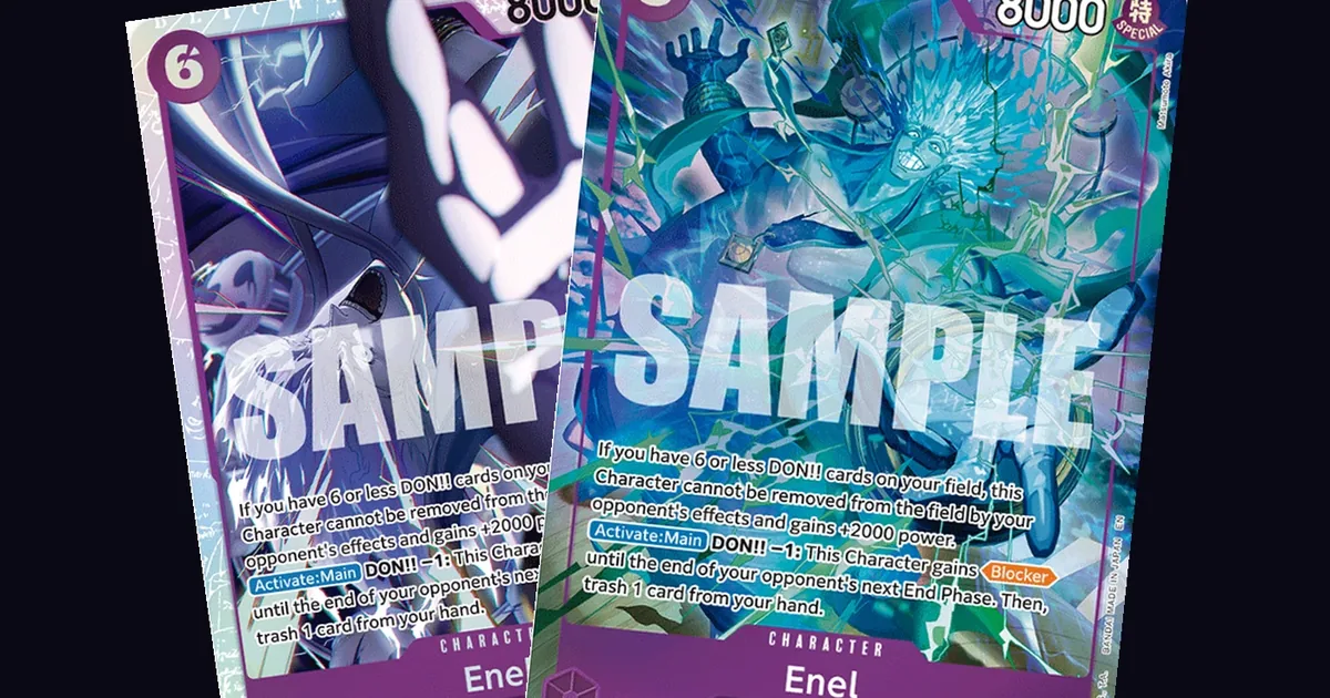 Two prints of Enel's OP15-060 character card side by side, printed text visible describing the DON!! count immunity and power bonus clause