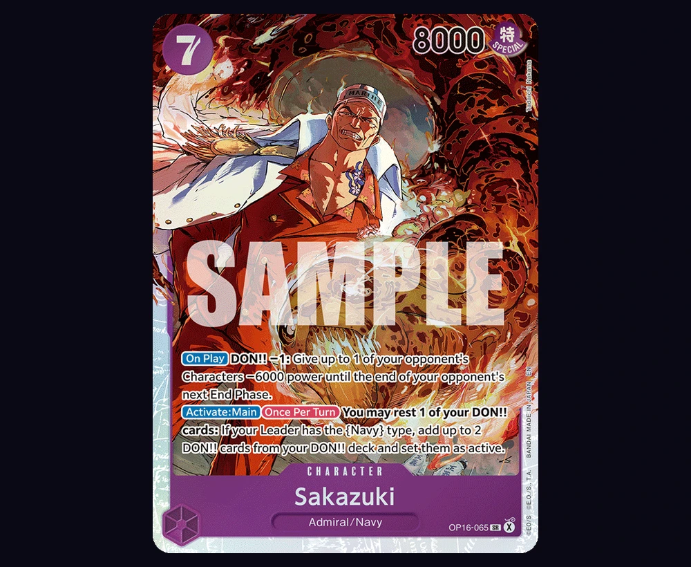 Sakazuki character card artwork showing the Admiral in a fiery magma-themed pose, printed text visible describing the -6000 power On Play effect