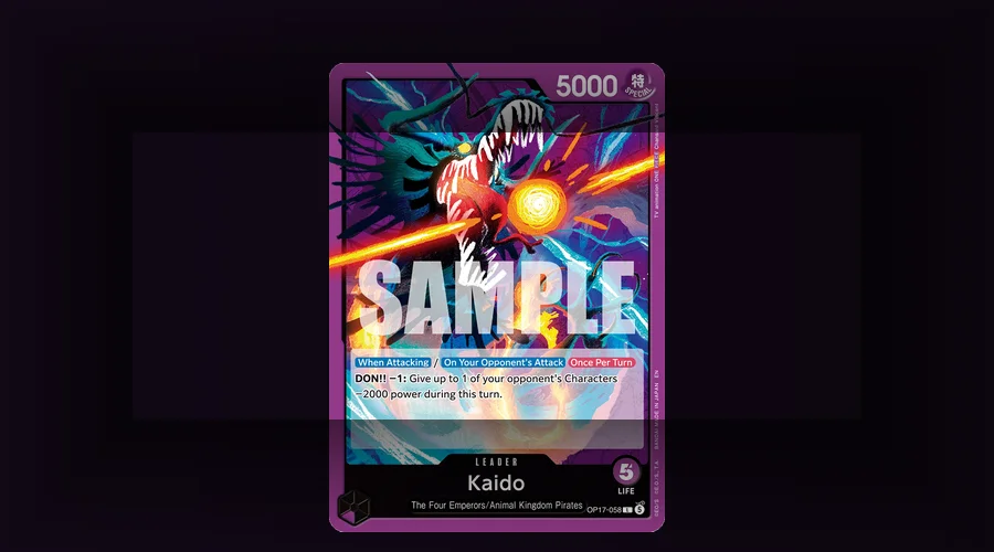 Kaido's OP-17 Purple Leader card, showing the 5000-power stat line and the flexible When Attacking / On Your Opponent's Attack ability text
