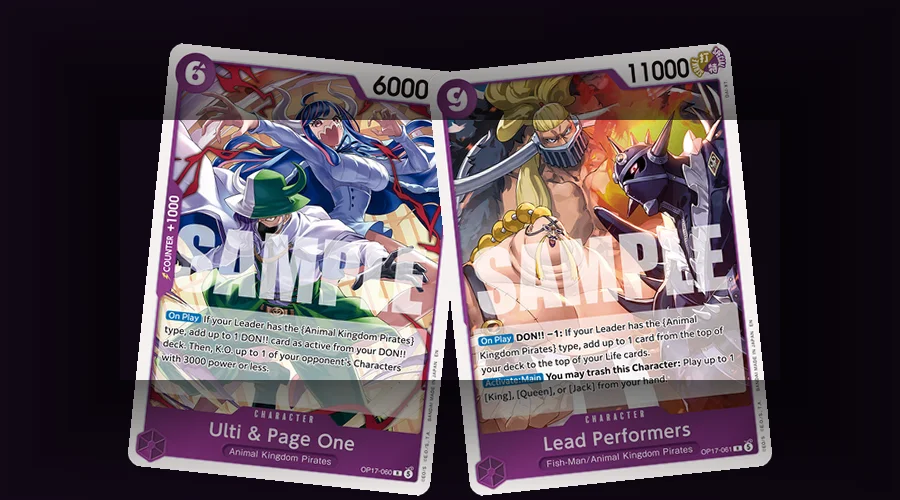 Ulti & Page One and Lead Performers side by side, the two confirmed Animal Kingdom Pirates support cards for the OP-17 Kaido deck