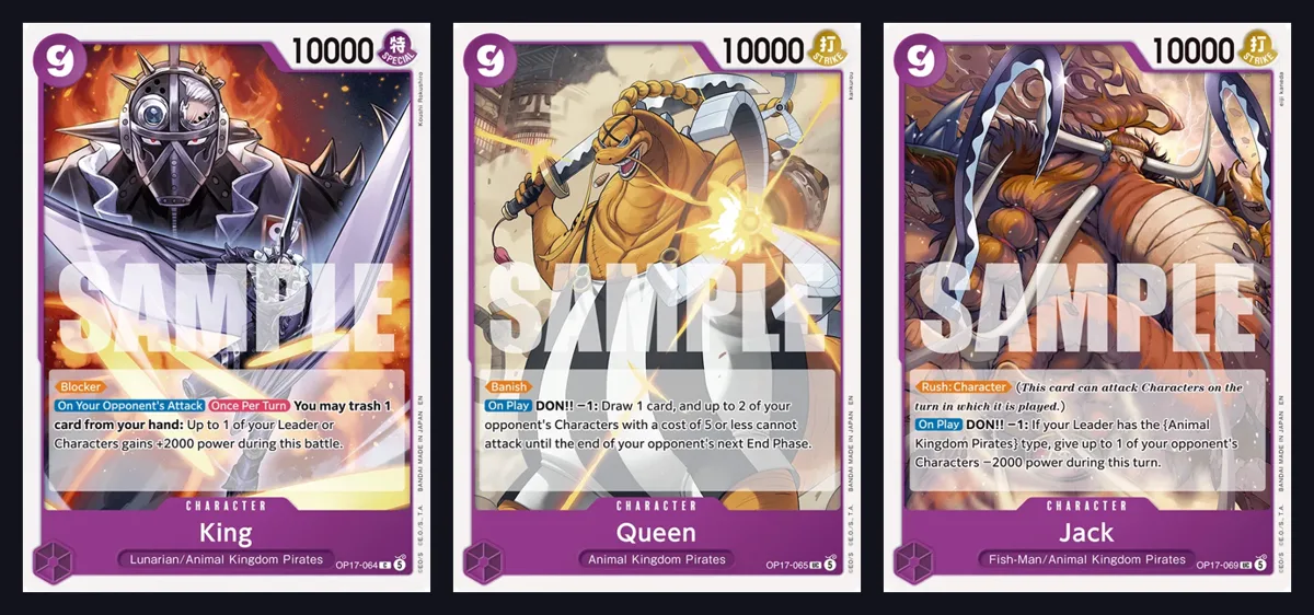 King OP17-064, Queen OP17-065 and Jack OP17-069 Character cards side by side