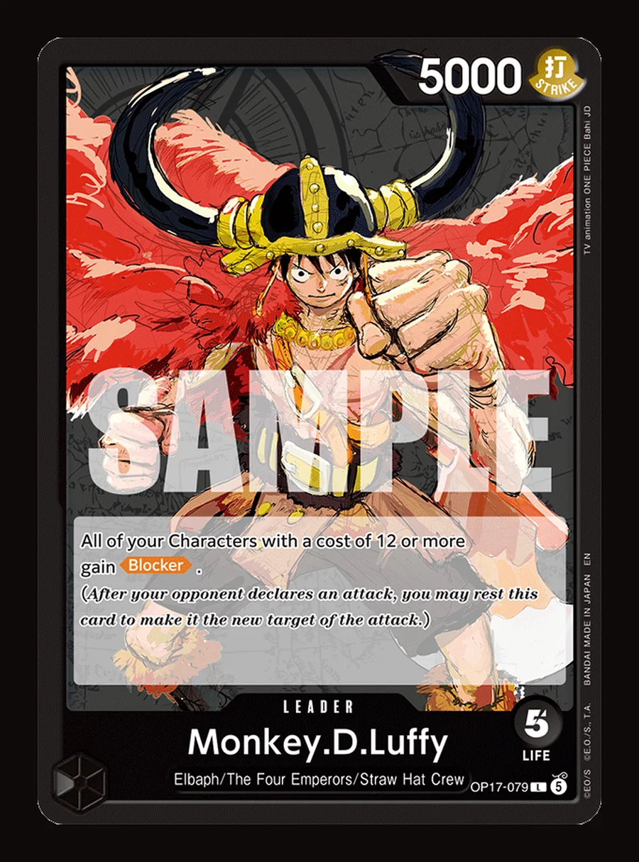Monkey.D.Luffy OP17-079 Leader card in black, horned Elbaph helm and red fur cape, Blocker ability text for cost 12 or more