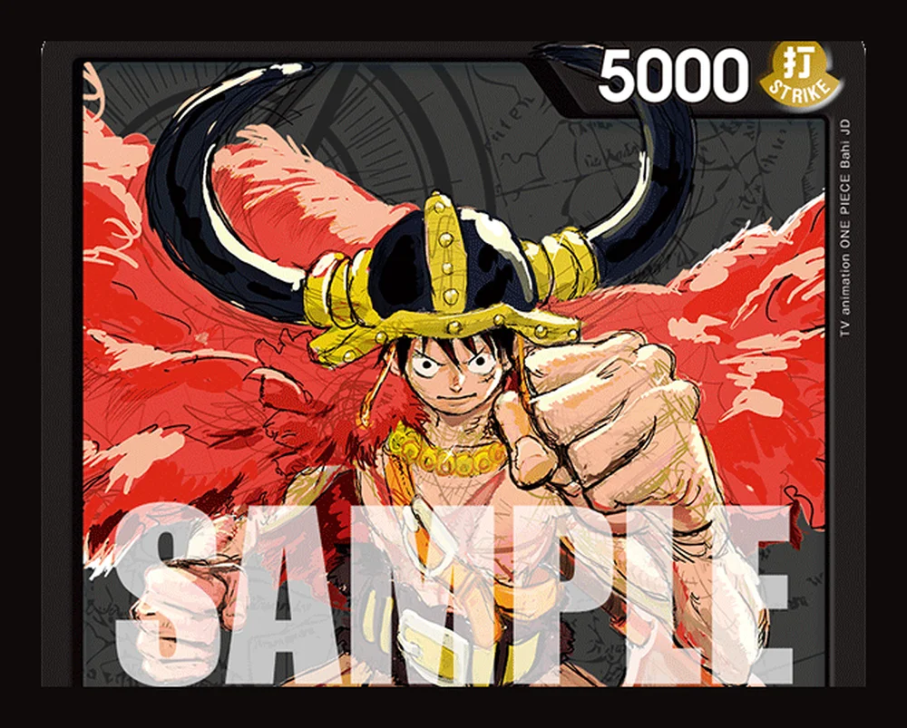 Close crop of Monkey D. Luffy's OP-17 card art, horned helm, raised fist toward the viewer, red fur cape behind him
