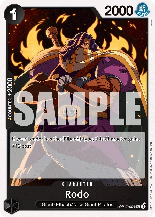 Rodo OP17-094 Black Character card, cost 1, a giant with arms crossed and a sword on his back, text granting +12 cost with an Elbaph leader