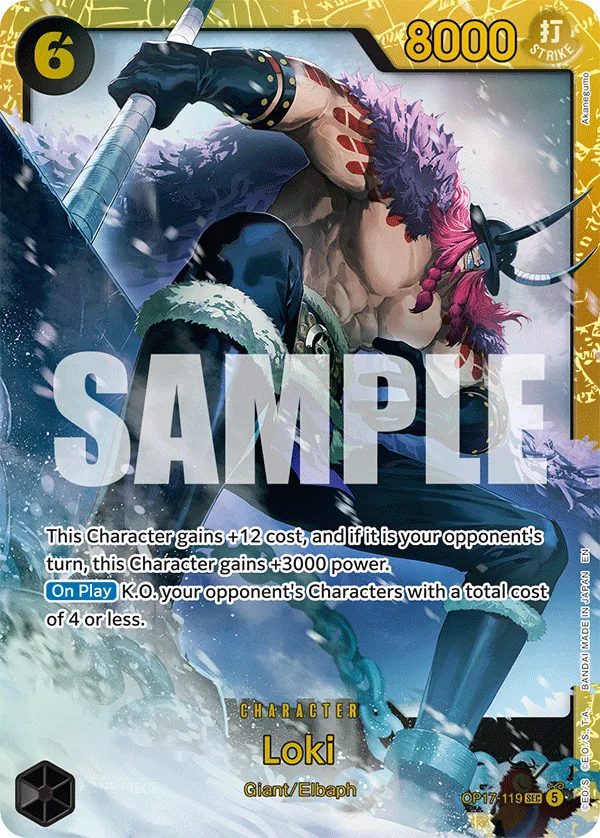 Loki OP17-119 Secret Rare Character card, cost 6, a giant in a horned helm and purple fur swinging a weapon, gold card frame