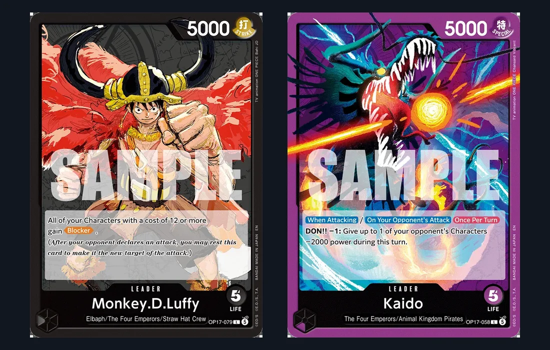 Official Bandai leader cards Black Monkey D. Luffy OP17-079, which gives Blocker to Characters with cost 12 or more, and Purple Kaido OP17-058