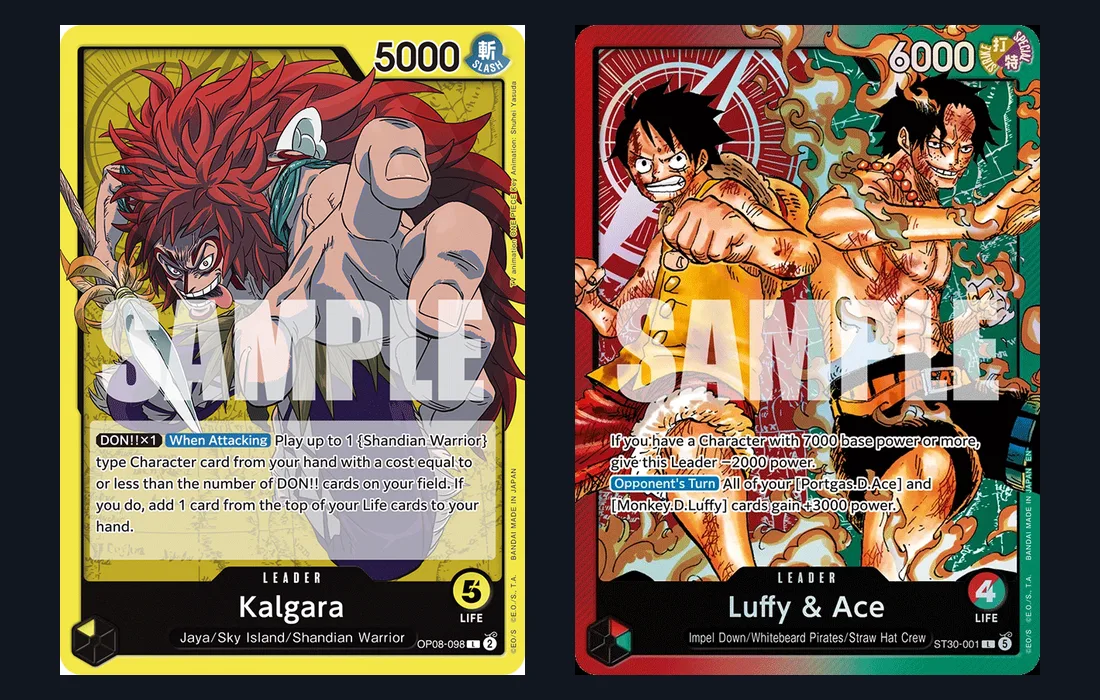 Official Bandai leader cards Yellow Kalgara OP08-098 and Luffy & Ace ST30-001 side by side