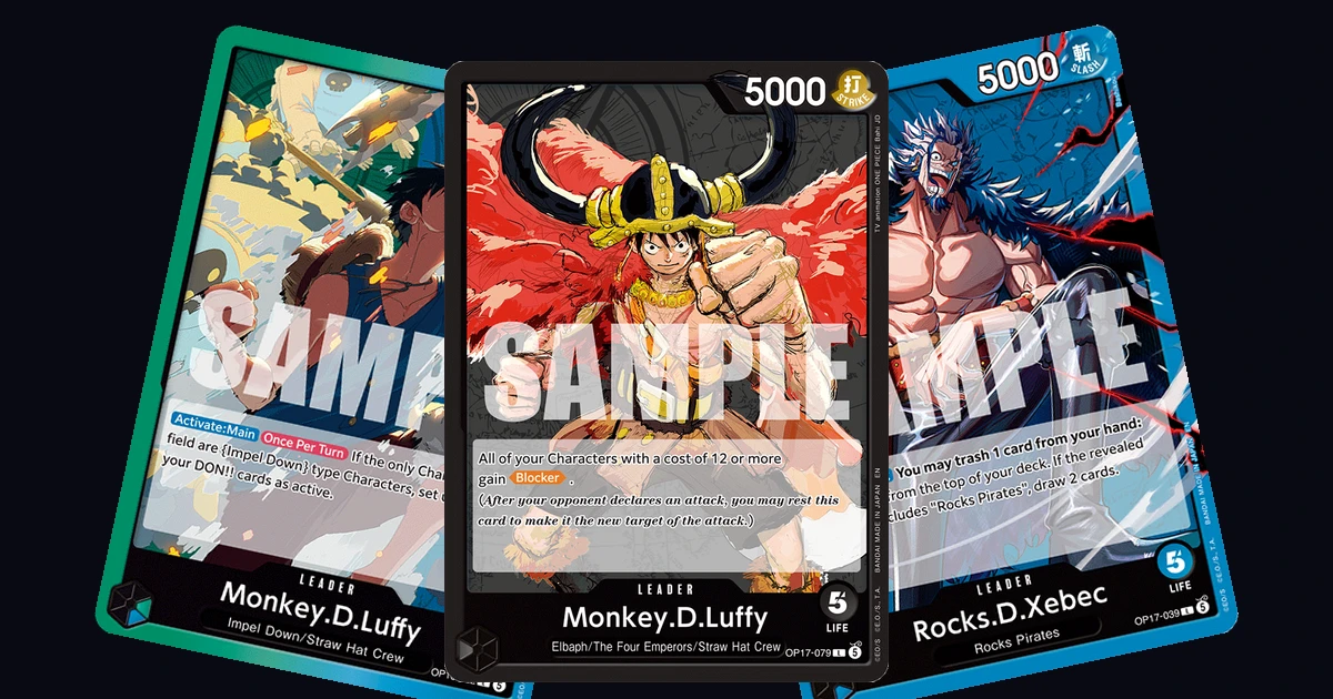 Three One Piece TCG leader cards fanned out: Green/Blue Monkey D. Luffy (OP-16), Black Monkey D. Luffy (OP-17), and Blue Rocks D. Xebec (OP-17)