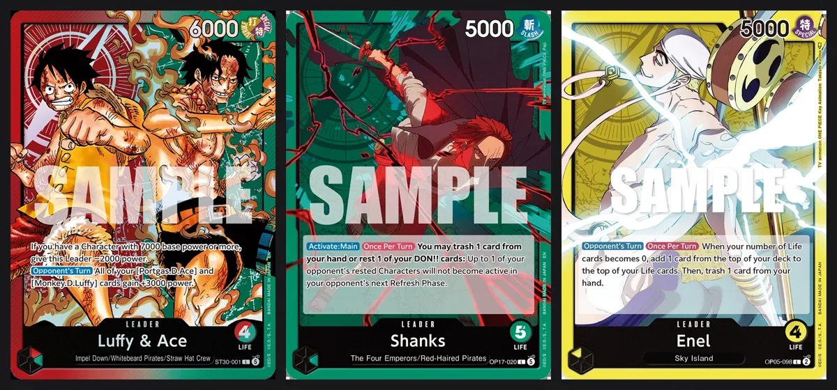 Three One Piece Card Game Leader cards side by side: Luffy & Ace ST30-001, Shanks OP17-020 and Enel OP05-098