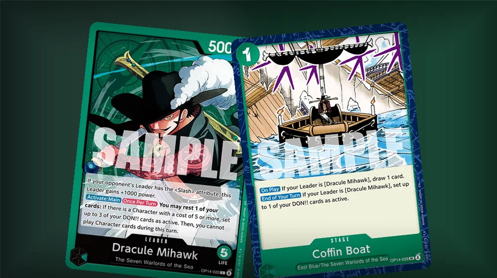 Dracule Mihawk OP14-020 beside Coffin Boat OP14-039, the ramp and DON!! recovery core of the Green shell