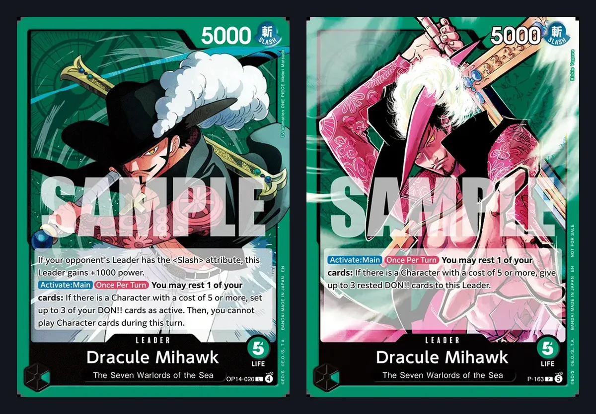 Bandai sample cards of the banned OP14-020 Dracule Mihawk Leader on the left and the replacement P-163 Dracule Mihawk promo Leader on the right, with their printed text