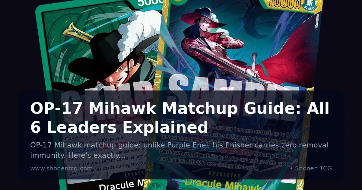 Dracule Mihawk leader card (OP14-020) and his 9-cost, 10000-power finisher character card (OP14-119) side by side, printed text visible on both
