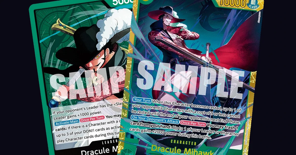 Dracule Mihawk leader card and 9-cost finisher character card side by side, printed leader ability and lockdown effect text visible on both