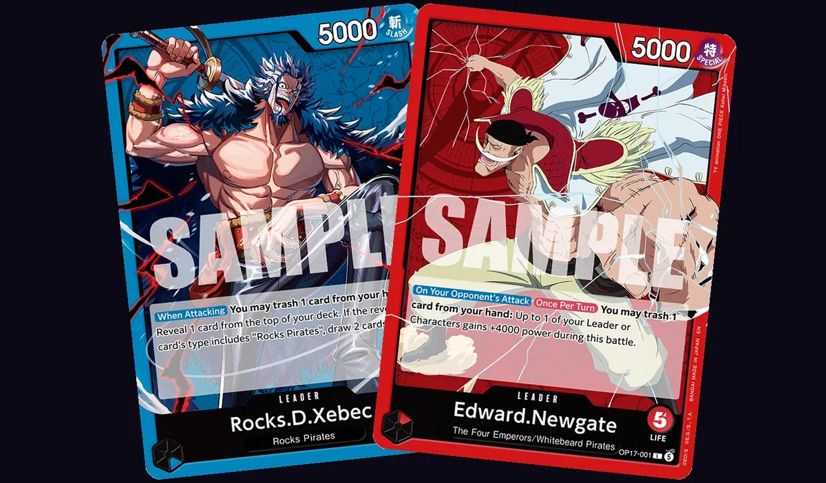 Rocks D. Xebec and Edward Newgate leader cards side by side, showing the Slash attribute icon on Xebec and the reactive power-boost text on Newgate