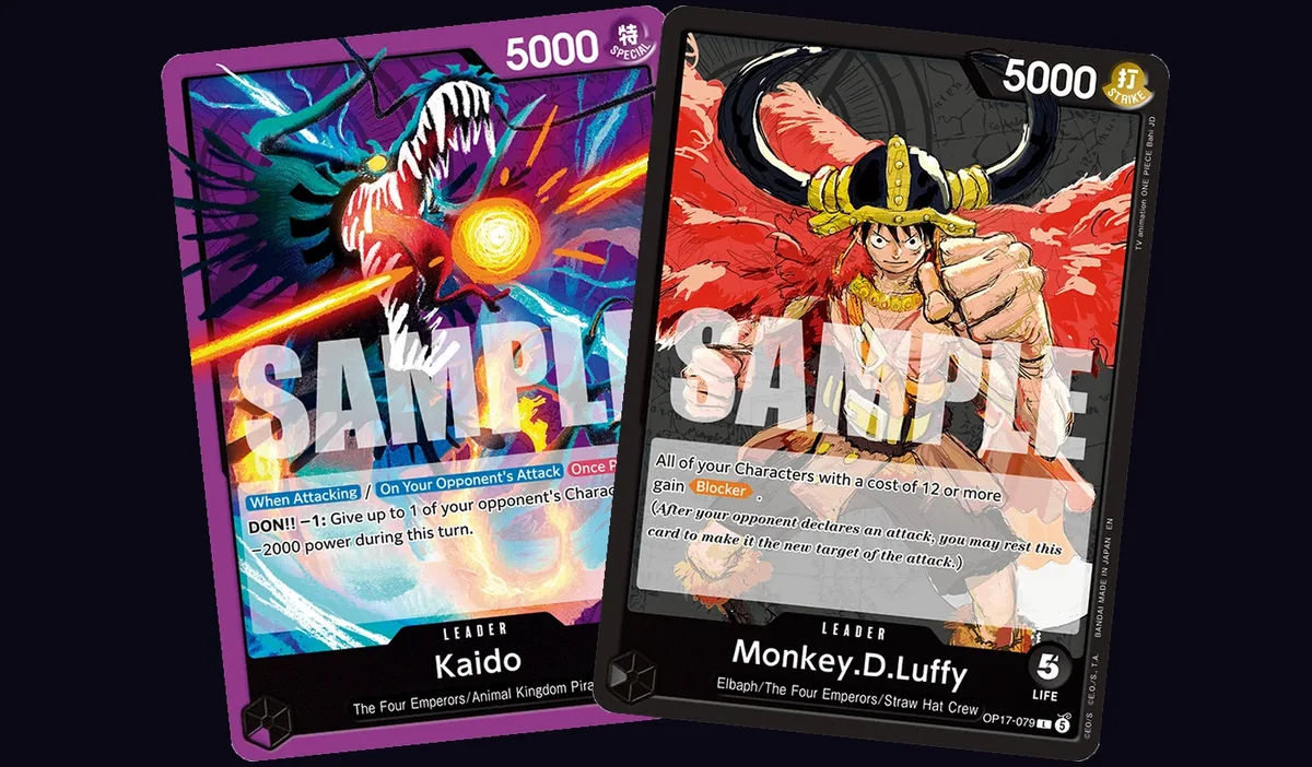 Kaido and Luffy Black leader cards side by side, showing the repeatable power-debuff ability and the automatic Blocker-at-cost-12 rule