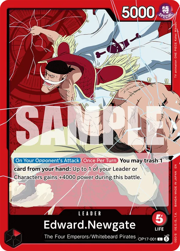 Edward Newgate OP17-001 Red Leader card art, showing the full On Your Opponent's Attack ability text and 5000 power, 5 Life stat line