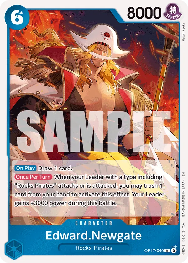Edward Newgate OP17-040 base Blue Character card showing 8000 power and the Rocks Pirates leader power-boost ability