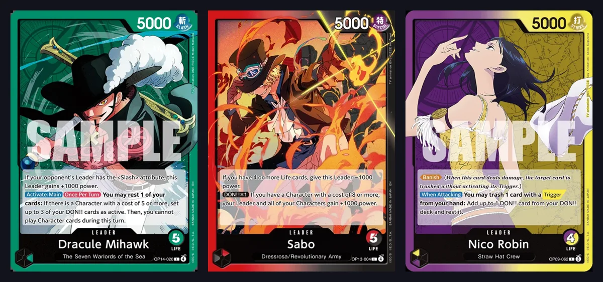 Three Leader cards side by side: Dracule Mihawk OP14-020, Sabo OP13-004 and Nico Robin OP09-062