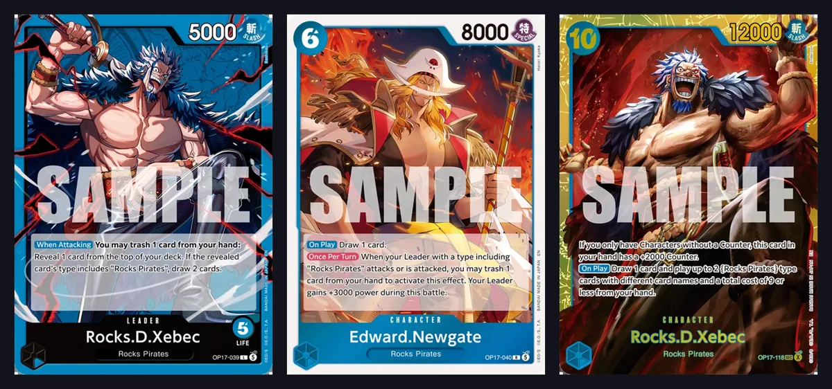 Rocks D. Xebec Leader OP17-039 beside Edward Newgate OP17-040 and Rocks D. Xebec Character OP17-118, all Rocks Pirates