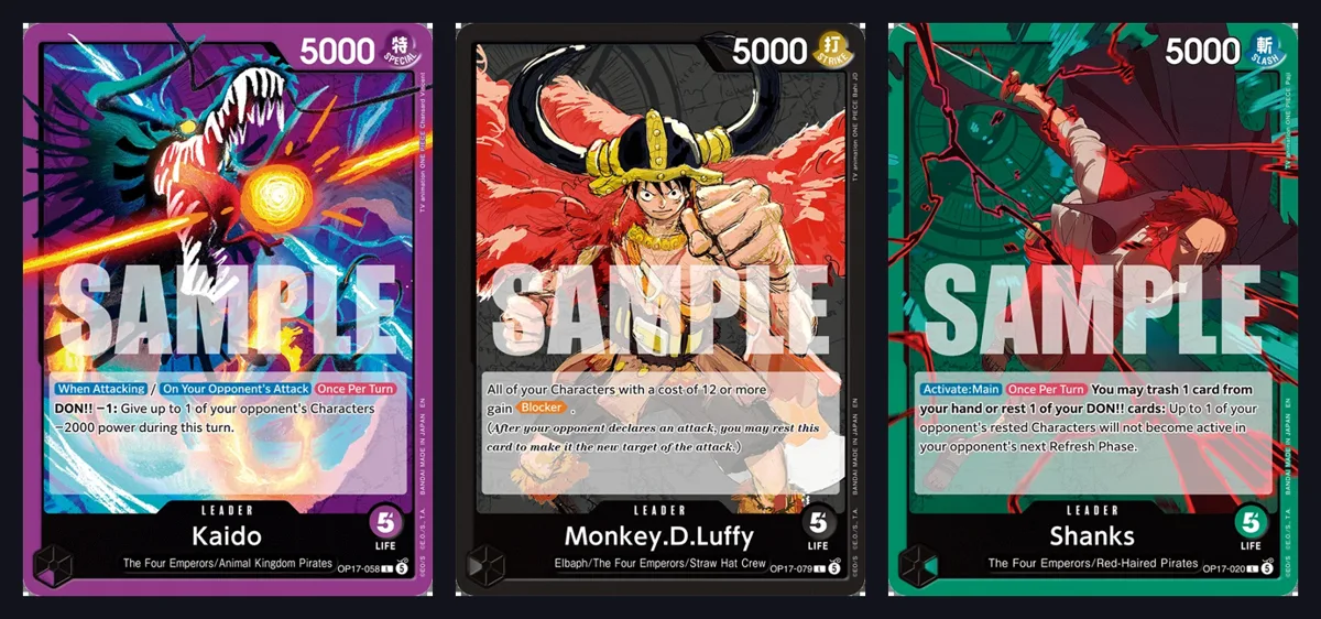 Three OP-17 Leader cards: Kaido OP17-058, Monkey D. Luffy OP17-079 and Shanks OP17-020