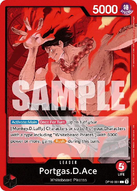 Portgas D. Ace OP16-001 Red Leader card artwork showing Ace standing in front of the Whitebeard Pirates Jolly Roger wielding his Mera Mera no Mi powers