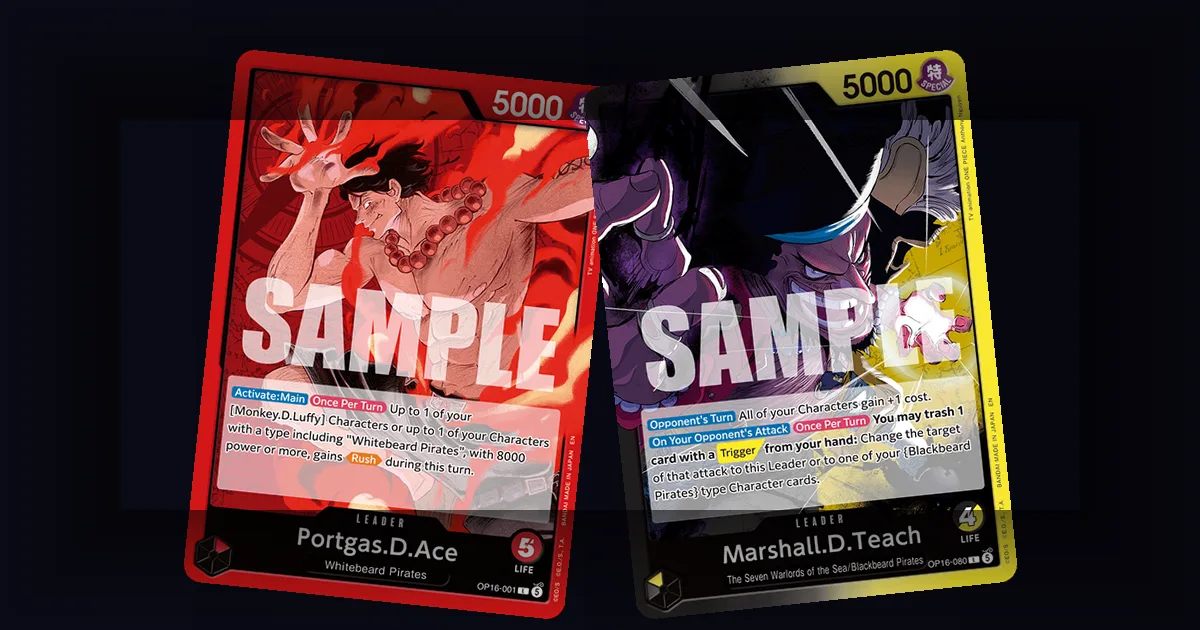 One Piece TCG OP-16 Secret Rare leader cards Portgas D. Ace and Marshall D. Teach Blackbeard shown side by side with SAMPLE watermark