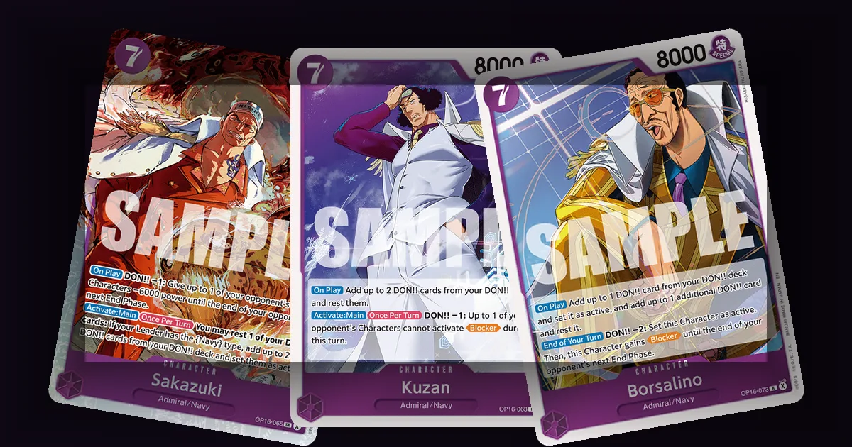 One Piece TCG OP-16 Admiral Manga Rare cards Sakazuki, Kuzan, and Borsalino fanned out with SAMPLE watermark