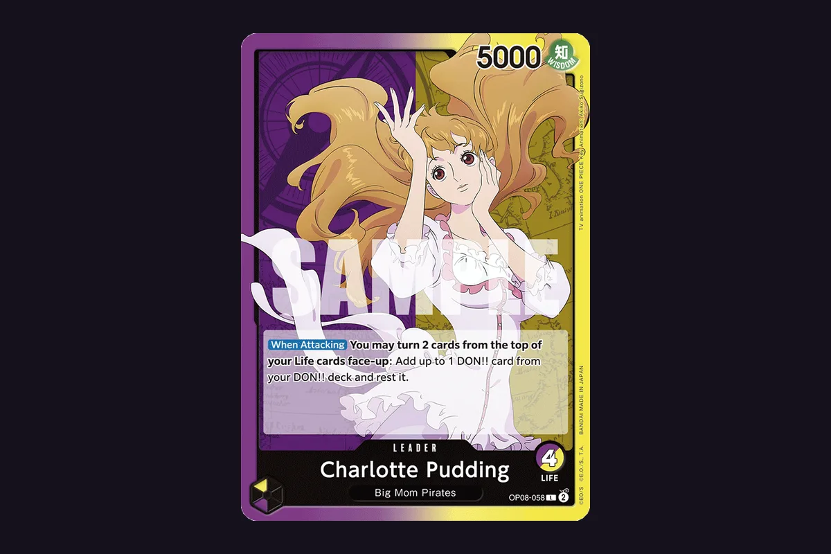 Charlotte Pudding OP08-058 Purple and Yellow Leader card with 5000 power, 4 Life and its When Attacking ramp ability