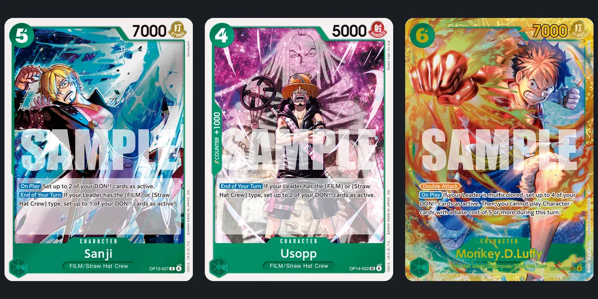 Sanji OP13-027, Usopp OP14-022 and Monkey.D.Luffy OP13-118 cards, the deck's DON!! restand pieces