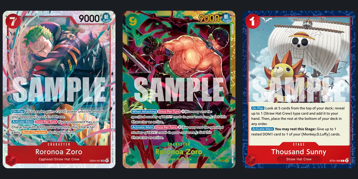 Roronoa Zoro EB04-007, Roronoa Zoro OP06-118 and the Thousand Sunny ST31-005 Stage