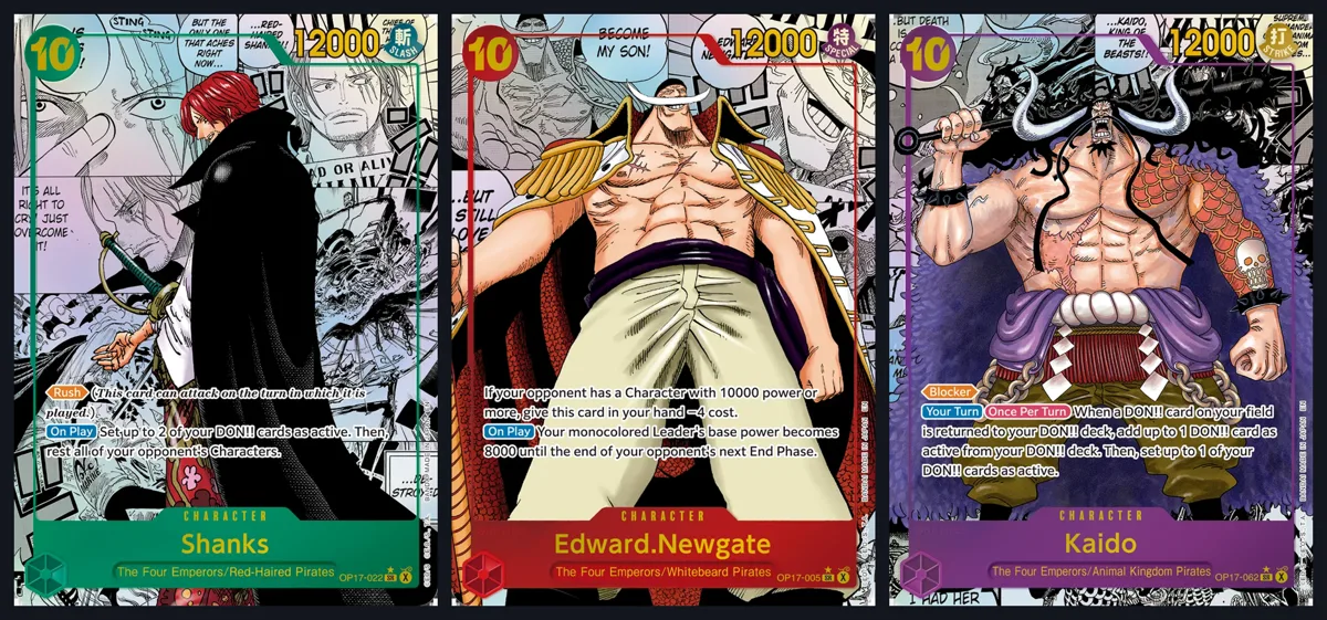 Official Bandai images of the OP-17 Manga printings of Shanks OP17-022, Edward.Newgate OP17-005 and Kaido OP17-062, each with manga panels behind the character