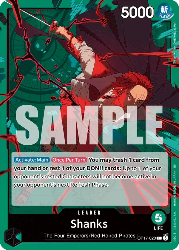 Shanks OP17-020 Green Leader card art, showing the full Activate: Main ability text and 5000 power, 5 Life stat line