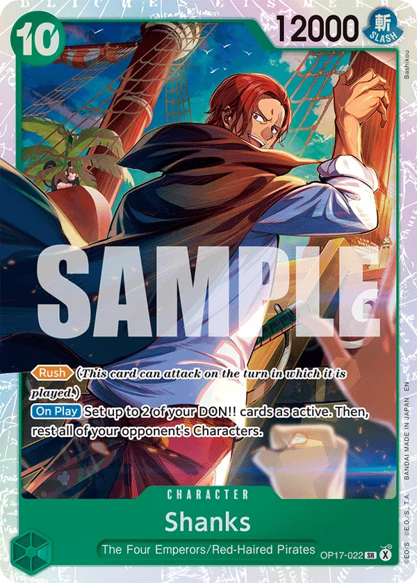 Shanks OP17-022 Green Super Rare Character card art, a 10-cost 12000-power Rush attacker with an On Play DON!! and rest effect