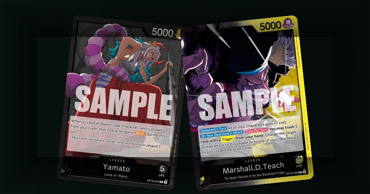 One Piece TCG OP-16 Leader cards Yamato and Marshall D. Teach Blackbeard shown side by side with SAMPLE watermark