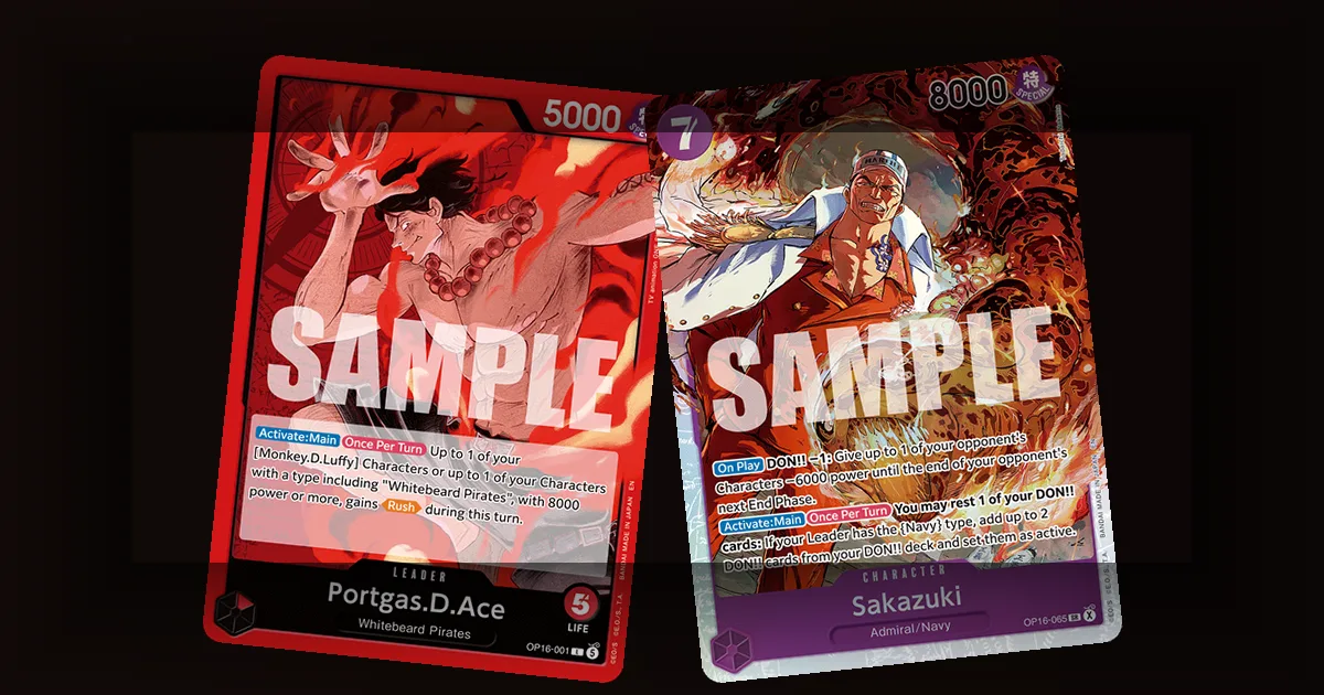 One Piece TCG OP-16 Secret Rare cards Portgas D. Ace and Sakazuki shown side by side with SAMPLE watermark