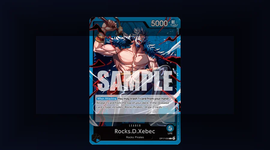 Rocks D. Xebec's OP-17 Blue Leader card, showing the 5000-power stat line and the When Attacking trash-and-reveal ability text