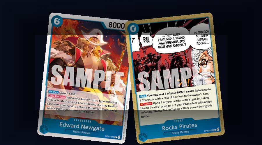 Edward Newgate and the Rocks Pirates Event card side by side, the two Blue support pieces that interact directly with the OP-17 Xebec leader