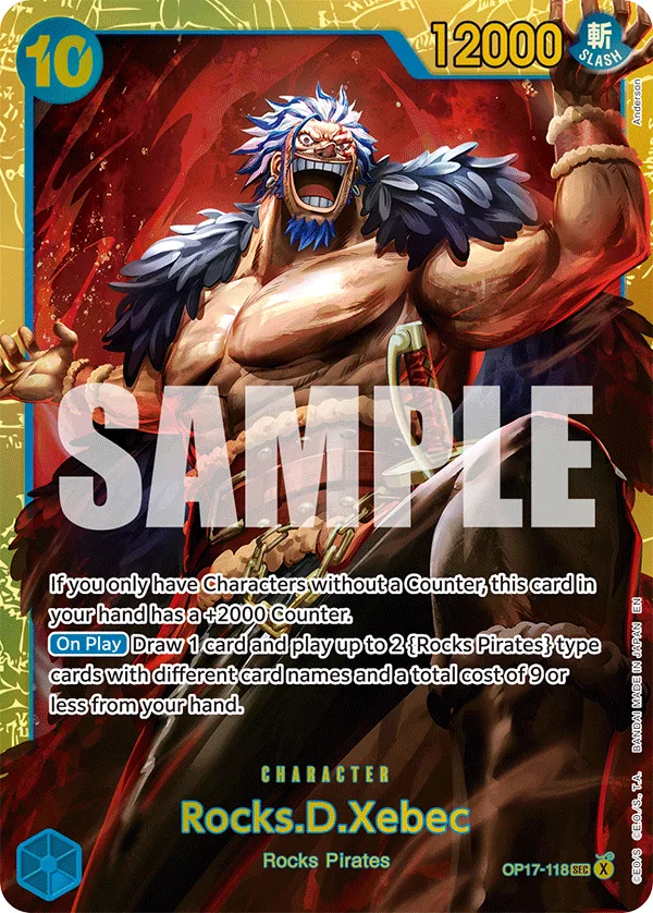 Rocks D. Xebec OP17-118 Secret Rare blue Character card, cost 10 with 12000 power and an On Play draw-and-deploy ability
