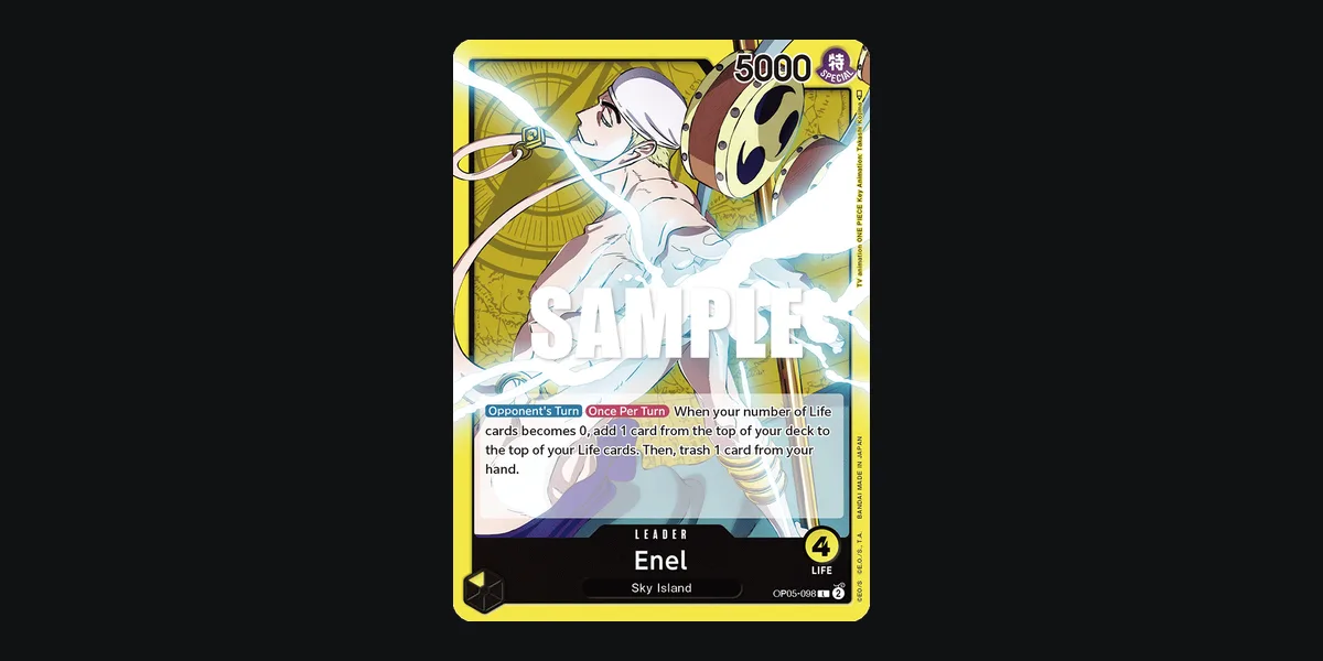 Enel OP05-098 Yellow leader card next to Charlotte Linlin OP17-112
