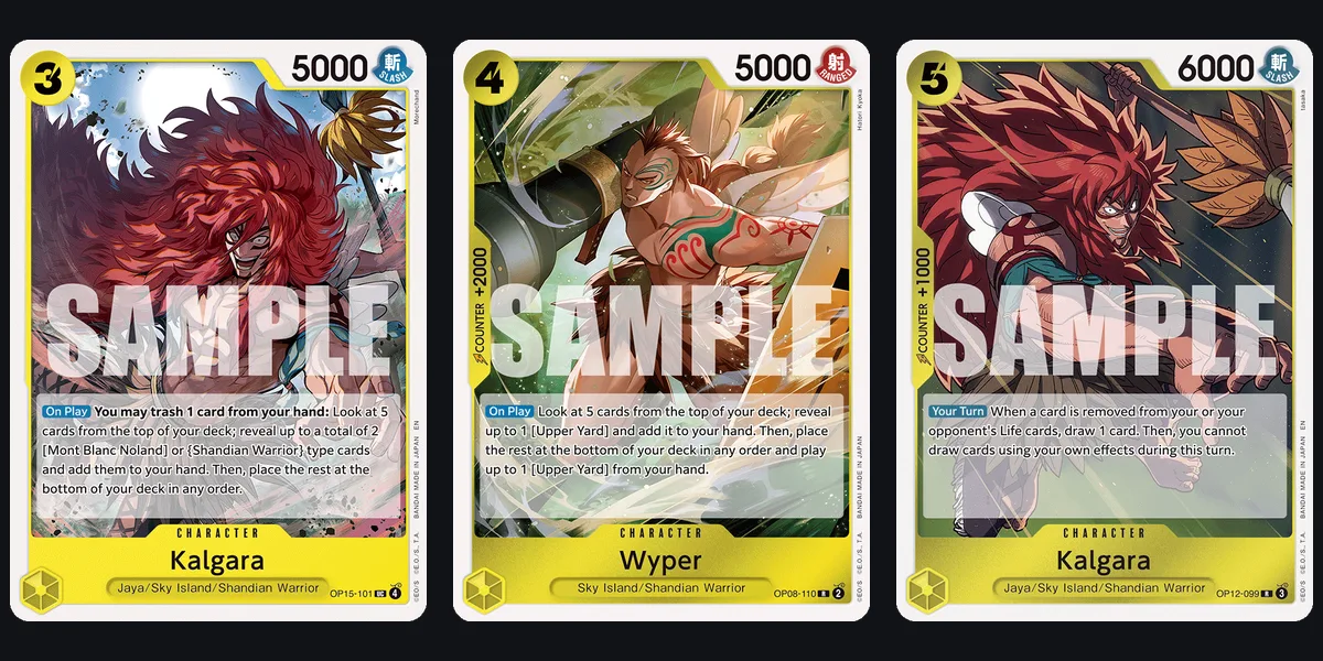 Kalgara OP15-101, Wyper OP08-110 and Kalgara OP12-099, three of the Shandian Warriors the leader can play