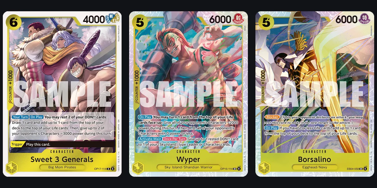 Sweet 3 Generals OP17-114, Wyper OP15-114 and Borsalino EB04-058, the deck's OP-17 addition and two of its Life tools