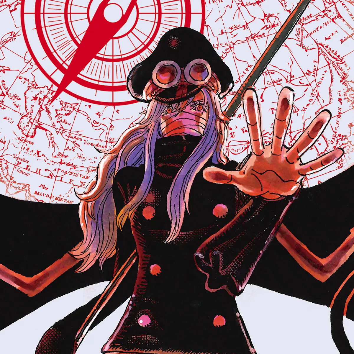 OP-18 key art: a masked figure in goggles and a black coat raising one hand in front of a red compass map
