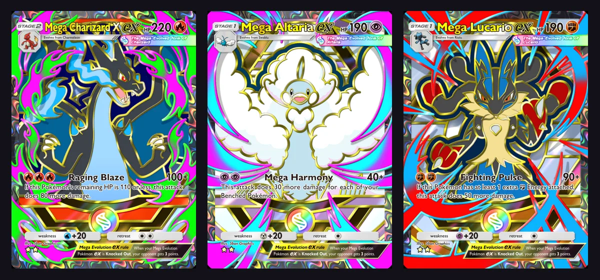 Mega Charizard X ex, Mega Altaria ex and Mega Lucario ex full-art two-star cards from Deluxe Pack Mega