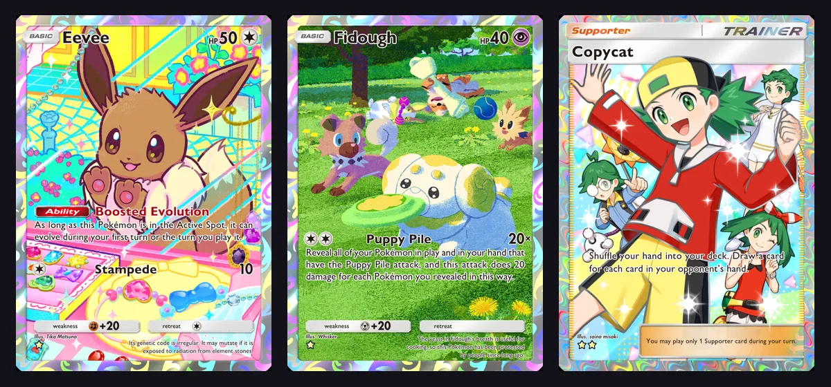 Eevee and Fidough one-star cards beside the Copycat two-star Supporter from Deluxe Pack Mega