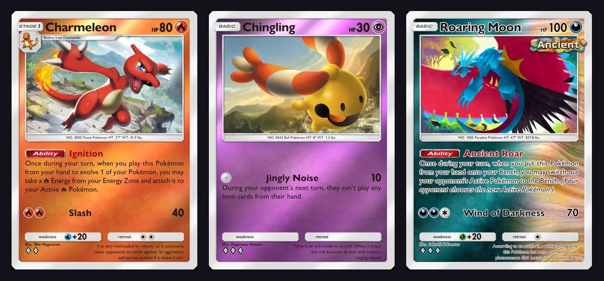 Charmeleon, Chingling and Roaring Moon cards in the foil style shown in the Deluxe Pack Mega gallery
